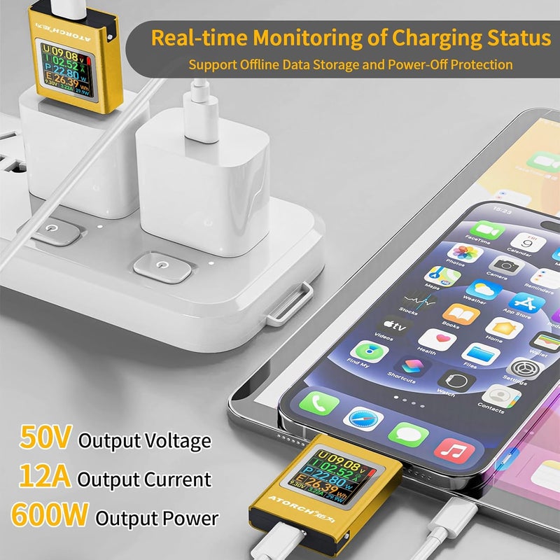 MakerHawk USB C Power Meter USB C Tester, USB Multimeter 4.5-50V 0-12A Two-Way Measurement Gravity Sensor Voltage Current Capacity Amp Volt Voltmeter Ammeter Digital Tester for Chargers Power Bank Cable Gold - Image 4